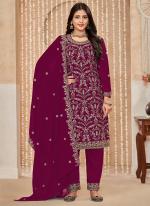 Faux Georgette Rani Pink Wedding Wear Embroidery Work Straight Suit